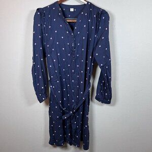 Old Navy Women's M Blue Polka Dot Tie-Belt Twill Shirt Dress 3/4 Sleeve Short